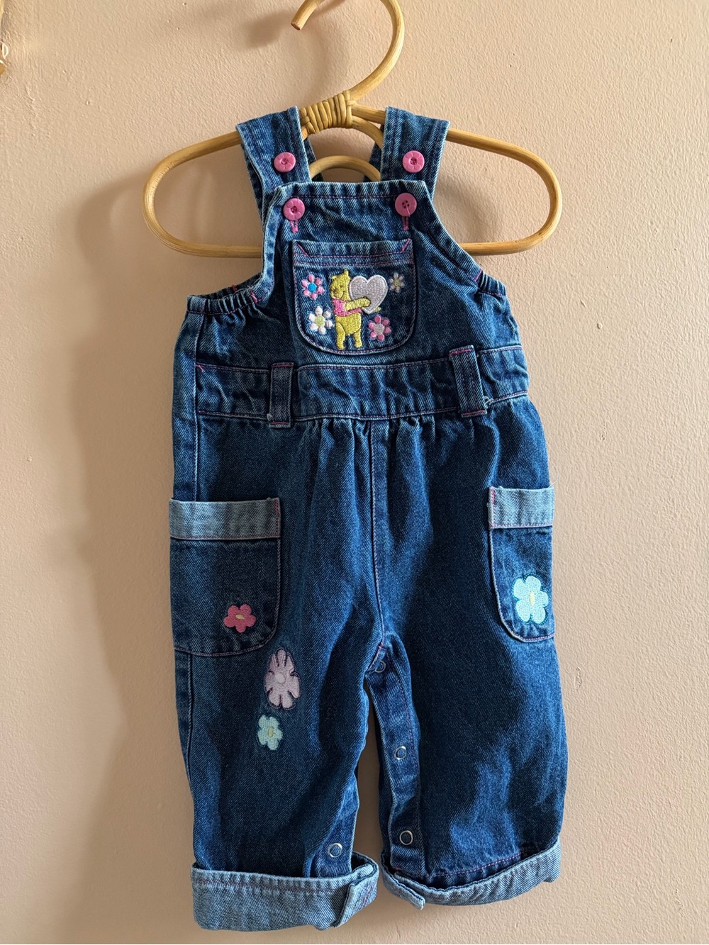 Disney Blue Denim Floral Patch Overalls with Pink Accents